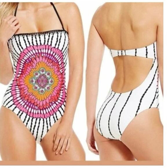 Trina Turk Ibiza Mandala Print Open Back Strapless Halter One Piece Swimsuit M - Picture 1 of 9